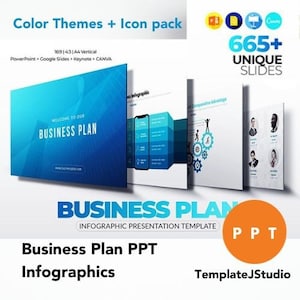 Pode incluir: Um modelo de apresentação de plano de negócios azul e branco com 665 slides exclusivos. O modelo é compatível com PowerPoint, Google Slides, Keynote e Canva. O modelo apresenta uma variedade de elementos infográficos, incluindo gráficos, diagramas e ícones. O modelo também está disponível em uma variedade de temas de cores.