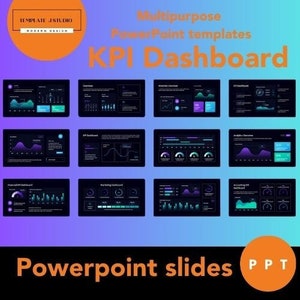 Könnte beinhalten: Ein Satz von 12 PowerPoint-Folien mit einem dunklen Hintergrund und neonblauen und violetten Akzenten. Die Folien zeigen verschiedene Diagramme und Grafiken, darunter Liniendiagramme, Balkendiagramme und Kreisdiagramme. Die Folien sind für die Verwendung in einem KPI-Dashboard konzipiert.