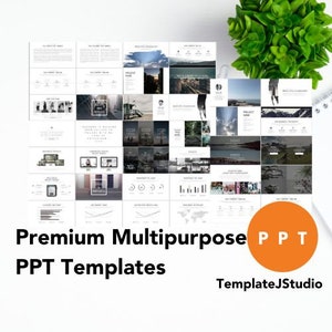 Puede incluir: Una colección de 36 plantillas de PowerPoint multipropósito con fondo blanco y texto negro. Las plantillas presentan diversas maquetas, incluyendo gráficos, diagramas e imágenes. El texto "Premium Multipurpose PPT Templates" se muestra en la parte inferior de la imagen, junto con el texto "TemplateJStudio".
