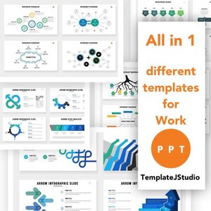 Könnte beinhalten: Eine Sammlung von PowerPoint-Vorlagen für die Arbeit, die verschiedene Infografik-Designs mit Pfeilen, Mindmaps und Schritt-für-Schritt-Diagrammen enthalten. Die Vorlagen sind in den Farben Blau, Grün und Orange gehalten. Der Text "All in 1 different templates for Work PPT TemplateJStudio" ist auf dem Bild zu sehen.