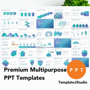 Könnte beinhalten: Ein Satz von 25 farbenfrohen PowerPoint-Vorlagen mit verschiedenen Infografik-Designs. Die Vorlagen enthalten Symbole, Diagramme und Grafiken und eignen sich ideal für Präsentationen zu verschiedenen Themen. Der Text "Premium Multipurpose PPT Templates" und "TemplateJStudio" ist am unteren Rand des Bildes sichtbar.