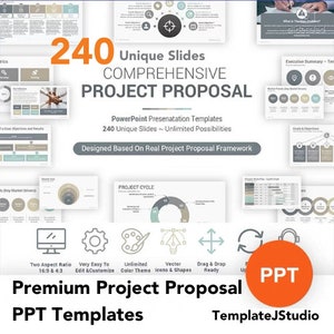May include: A collage of slides for a PowerPoint presentation template for a project proposal. The slides are designed with a modern, minimalist aesthetic and feature a variety of charts, graphs, and icons. The text on the slides reads "240 Unique Slides Comprehensive Project Proposal", "PowerPoint Presentation Templates", "240 Unique Slides ~ Unlimited Possibilities", "Designed Based On Real Project Proposal Framework", and "Premium Project Proposal PPT Templates".