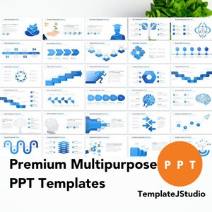 Könnte beinhalten: Eine Sammlung von 24 blauen und weißen PowerPoint-Folien mit verschiedenen Infografik-Designs. Die Folien enthalten Symbole, Diagramme und Grafiken. Der Text "Premium Multipurpose PPT Templates" und "TemplateJStudio" ist am unteren Rand des Bildes sichtbar.