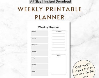 Printable Weekly Planner | Minimalist Weekly Planner Template | Weekly Schedule PDF Printable | A4 | Printable Weekly Calendar