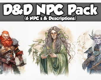 Paquete de tarjetas D&D NPC // 6 Personajes/Detalles // Acuarela PNG // Descarga instantánea // dnd 5e // mazmorras y dragones // ttrpg // mesa dnd