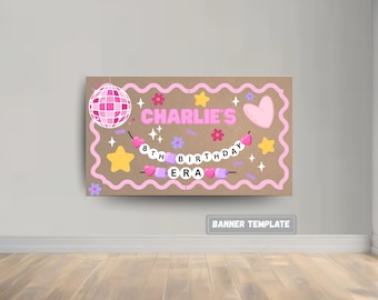 Modelo de banner de aniversário feminino pintado | Download digital editável | Decoração de festa de aniversário | Banner de aniversário Erass | Modelo de banner de aniversário