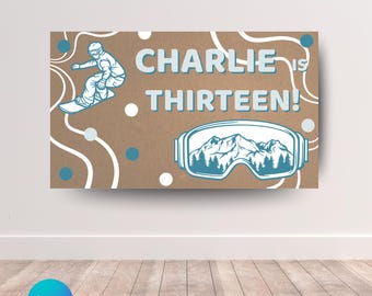 Plantilla de banner de cumpleaños de invierno / Descarga digital editable / Banner de cumpleaños de esquí / Banner de snowboard / Lindo banner de cumpleaños de nieve