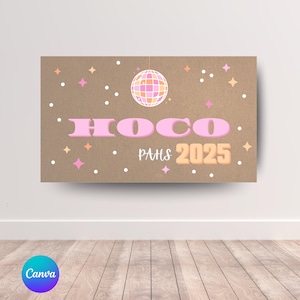 Puede incluir: Un letrero rectangular marrón con el texto "HOCO PAHS 2025" en rosa y naranja. El letrero presenta una bola de discoteca y acentos en forma de estrella en rosa, naranja y blanco. El logotipo de Canva es visible en la esquina inferior izquierda.