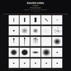 May include: A digital collection of 25 Procreate brushes titled Raven King Studios, featuring a grid of black and white stroke samples including chisel markers, spray, drips, airbrush, and sketch pencils on a dark background.