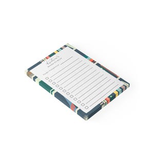 May include: A blue and white notepad with a colourful book design. The notepad has a section for "Books to Read" and a checklist for "Target Completion".