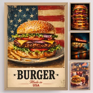 May include: A framed print featuring a large burger with lettuce, tomato, cheese, and onion on a sesame seed bun, with fries. The background is the American flag. The text reads "BURGER Made in USA."