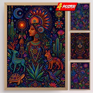 Vibrantes láminas de arte tribal huichol: auténtica decoración floral con cuentas del folclore mexicano, colorida y étnicamente elegante.