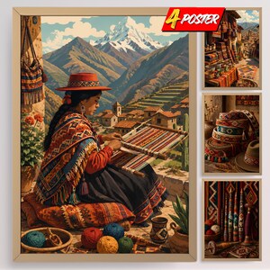 May include: A set of four posters featuring a person in a red hat and patterned shawl weaving on a loom against a mountain backdrop, alongside images of a market stall, stacked woven textiles, and various colorful yarn balls and tools.