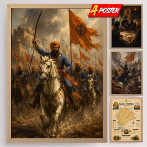 May include: A set of four posters featuring historical Sikh imagery. The main poster depicts a warrior on a white horse holding a sword, with an orange flag and army. Other posters show a group meeting, a battle scene, and a map titled Sikh Empire.