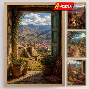 Konsttryck från Cusco i Peru: Med fönstervyer, lamor, andinska landskap, skördescener, äppelodling