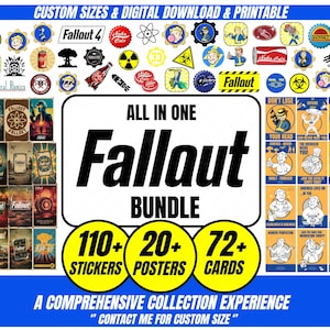 May include: A digital bundle featuring Fallout-themed graphics, including over 110 stickers, 20 posters, and 72 cards. The collection displays various character illustrations, logos, and text elements like Fallout 4, Nuka Cola, and Vault-Tec in a variety of colors.