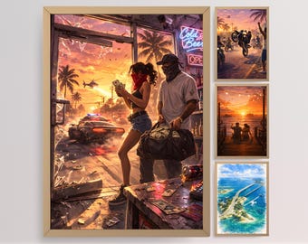 Póster de aventura en la Costa del Crimen Tropical, juego de 4 piezas de arte mural de mundo abierto con acción al atardecer