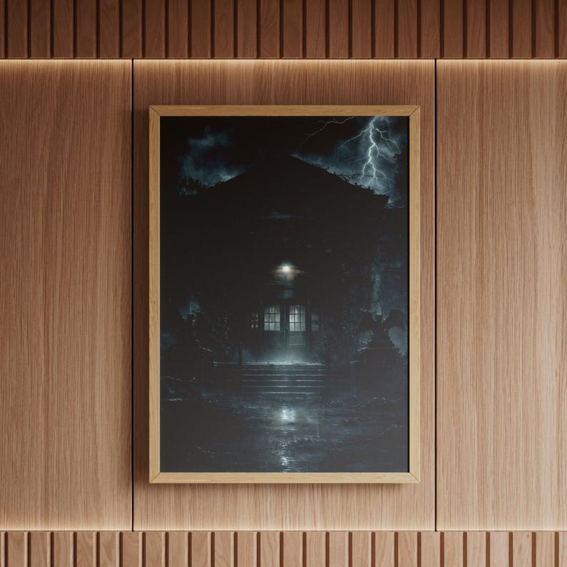 Moody gothic wall art placed in a home office, creating a dramatic and focused atmosphere through dark tones, cinematic lighting, and detailed apocalyptic scenes.