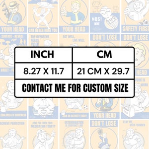 Pu&ograve; includere: Una griglia di poster color azzurro e crema con personaggi dei cartoni animati e testo che include "YOUR HEAD", "DON'T LOSE" e "SAFETY FIRST". Un riquadro bianco centrale mostra le dimensioni di 21 cm x 29,7 cm.