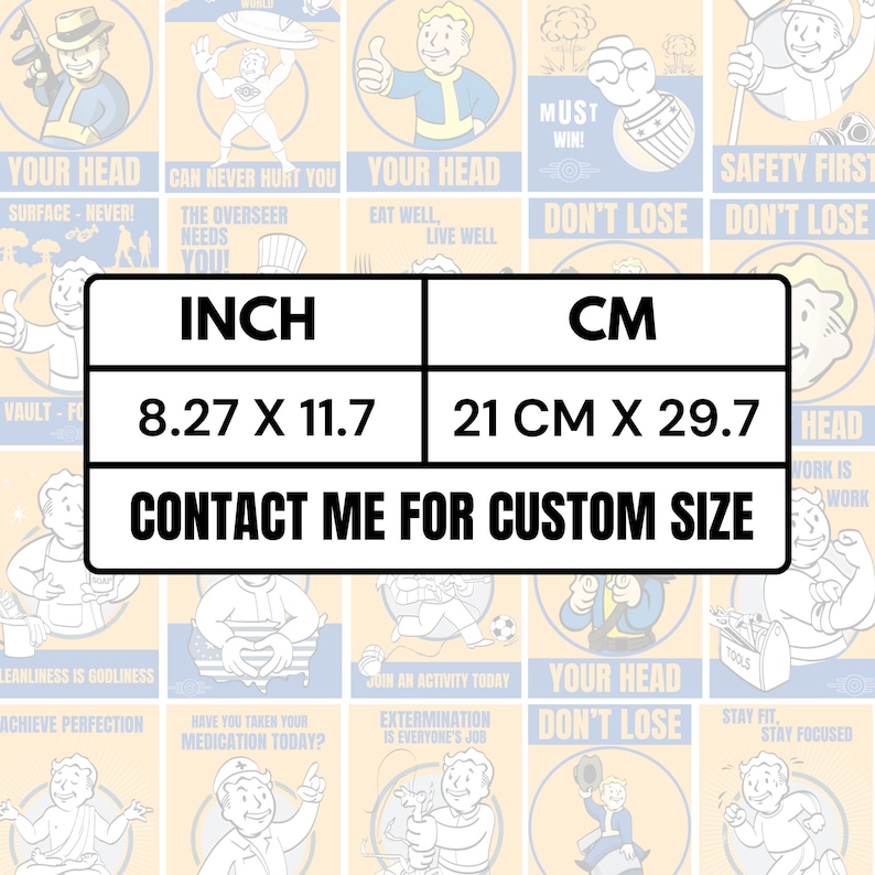 Pu&ograve; includere: Una griglia di poster color azzurro e crema con personaggi dei cartoni animati e testo che include "YOUR HEAD", "DON'T LOSE" e "SAFETY FIRST". Un riquadro bianco centrale mostra le dimensioni di 21 cm x 29,7 cm.
