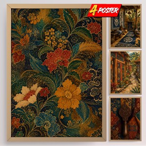 Può includere: Un set di quattro poster con intricati motivi floreali in tonalità blu scuro, arancione e oro. Il poster principale mostra grandi fiori e foglie, mentre i pannelli più piccoli raffigurano un interno, un sentiero di villaggio e un utensile.