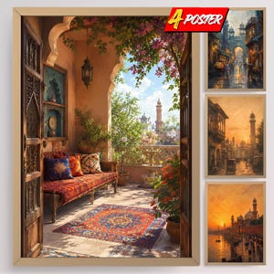 May include: A set of 4 posters featuring architectural scenes. The main image shows a balcony with a patterned rug, a bench with colorful cushions, a hanging lantern, and blooming plants, overlooking a city with towers. Three smaller vertical posters display cityscapes at sunset and dusk.