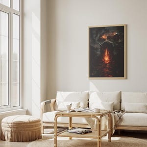 Atmospheric horror poster set styled in a gamer room, adding intensity and storytelling depth with dark city ruins and creature imagery, perfect for enhancing an immersive gaming environment.