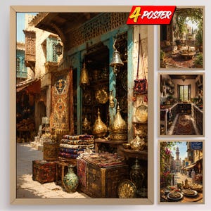 Peut inclure: Un ensemble de quatre affiches représentant des scènes détaillées d'un marché du Moyen-Orient. Les images montrent des lampes en laiton ornées, des tapis tissés complexes, des coffres en bois et des ruelles étroites avec une architecture en pierre.