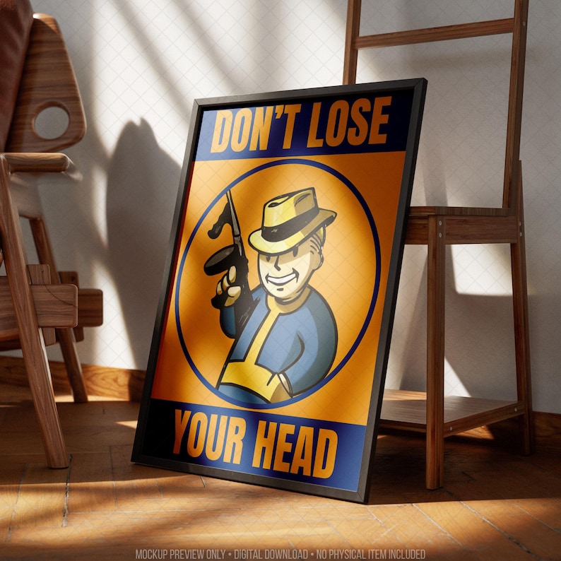 Framed retro-style gaming poster displayed on a wooden floor beside a ladder shelf in a bright modern room. The artwork features a vintage-inspired cartoon adventurer in blue and yellow with bold motivational typography and classic comic aesthetics. Perfect for game room decor, retro gaming wall art, post-apocalyptic inspired interiors, sci fi themed spaces, office decor, media rooms and collectible gaming print displays without referencing copyrighted franchises or characters.