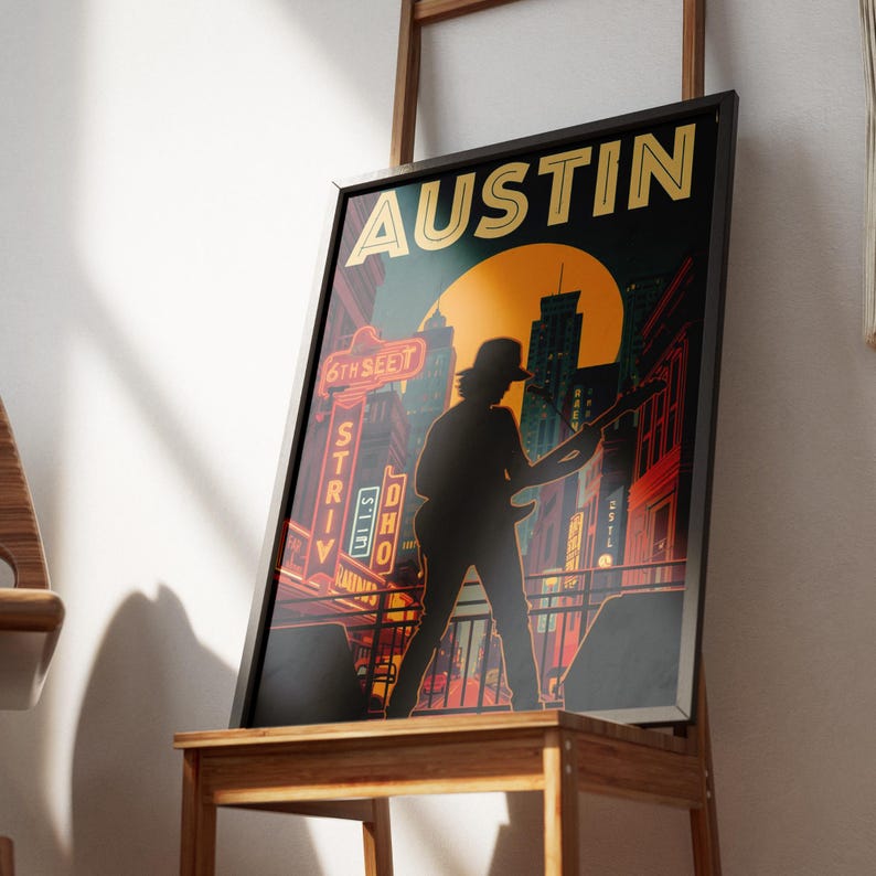 Austin Texas Retro Travel Poster Skyline Capitol Wall Art Print ...