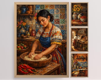 May include: A framed watercolor print set depicting a woman kneading dough in a kitchen, with additional scenes of cooking and food preparation. The main image shows a woman in a colorful dress and apron. Red chili peppers are in the foreground.