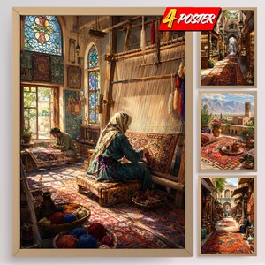 May include: A set of 4 posters featuring detailed scenes of carpet weaving and Middle Eastern architecture. The main image shows a person weaving a rug on a wooden loom in a room with stained glass windows, while the others depict market streets and a balcony view.