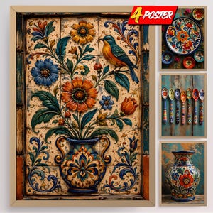 May include: A set of four posters featuring decorative tile-style artwork. The main image displays a blue bird perched on a floral arrangement in a vase. Other panels show a patterned plate, a row of colorful spoons, and a single ornate ceramic vase.