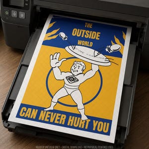 Retro-inspired sci-fi themed printable poster shown emerging from a home printer, featuring a cheerful cartoon-style survivor in a vintage protective suit beneath a flying saucer with bold blue and yellow propaganda-style typography. Mockup highlights instant digital download, high-resolution printable wall art for gaming rooms, offices or entertainment spaces with a post-apocalyptic retro aesthetic, without referencing copyrighted titles or characters.