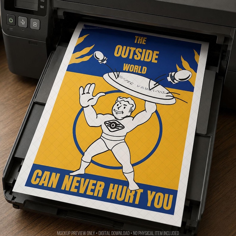 Retro-inspired sci-fi themed printable poster shown emerging from a home printer, featuring a cheerful cartoon-style survivor in a vintage protective suit beneath a flying saucer with bold blue and yellow propaganda-style typography. Mockup highlights instant digital download, high-resolution printable wall art for gaming rooms, offices or entertainment spaces with a post-apocalyptic retro aesthetic, without referencing copyrighted titles or characters.