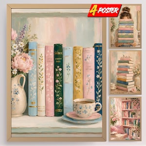 Puede incluir: Un conjunto de cuatro pósteres con ilustraciones artísticas de libros, arreglos florales y tazas de té. La imagen principal muestra una fila de libros en tonos pastel, una jarra de cerámica con flores rosas y una taza. El texto dice 4 POSTER.