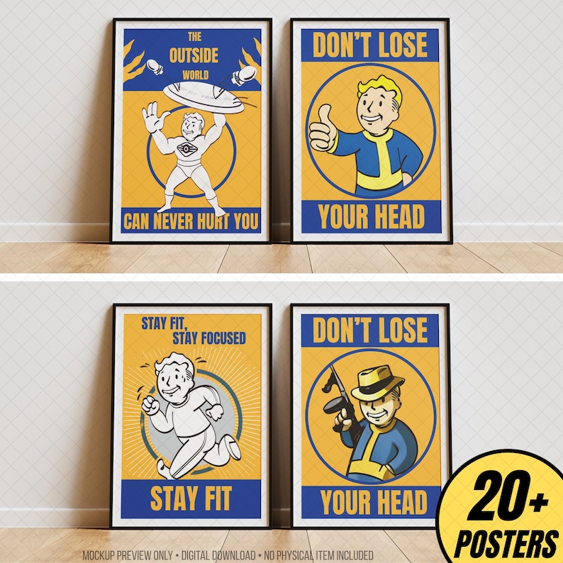 Four retro-inspired gaming printable posters displayed as a coordinated wall art collection in black frames against a neutral interior wall. The designs feature humorous cartoon style characters with bold blue yellow colors, playful motivational phrases post-apocalyptic inspired themes. Ideal for gaming graphics fans, gaming poster decor, movie poster style artwork, sci fi, wasteland decor, gaming sticker collections, gaming inspired spaces without referencing any specific copyrighted franchise.