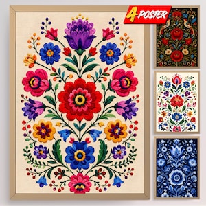 May include: A set of four posters featuring symmetrical floral patterns with vibrant red, blue, purple, and yellow flowers on cream and dark backgrounds. The main poster displays a large central red flower surrounded by smaller blossoms and green leaves.