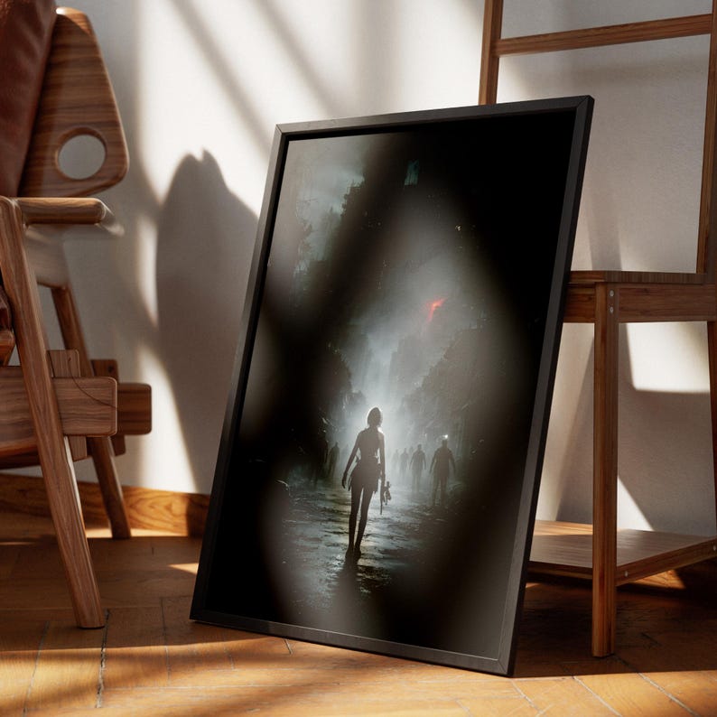 Dark fantasy poster set displayed in a bedroom, bringing a mysterious and immersive mood with haunting architecture and dystopian visuals that transform the space.