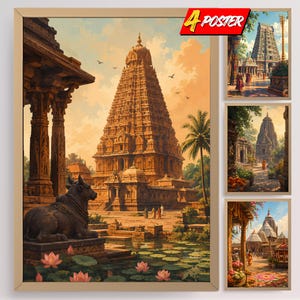 Peut inclure: Un ensemble de quatre affiches encadrées représentant des illustrations détaillées de temples hindous. L'affiche principale montre une grande tour de temple en pierre, une statue de taureau en pierre et des lotus roses. Texte 4 POSTER visible.