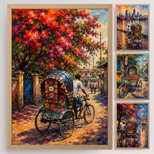 May include: A set of framed art prints depicting a street scene with a rickshaw. The main artwork shows a colourful rickshaw on a cobbled street under a tree with red and pink leaves. Additional smaller prints are included.