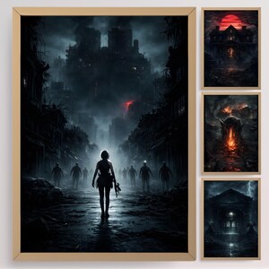 Four-piece dark apocalypse wall art set displayed as a cohesive gallery collection. Each poster presents a unique horror-inspired scene including a burning city creature, haunted mansion, stormy gothic building, and dystopian survivor moment, all unified through cinematic lighting and atmospheric storytelling composition.