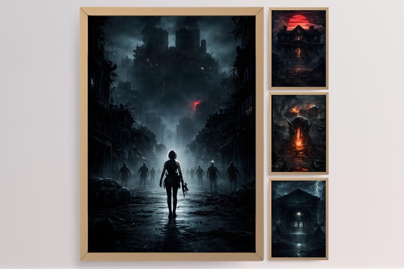 Four-piece dark apocalypse wall art set displayed as a cohesive gallery collection. Each poster presents a unique horror-inspired scene including a burning city creature, haunted mansion, stormy gothic building, and dystopian survivor moment, all unified through cinematic lighting and atmospheric storytelling composition.
