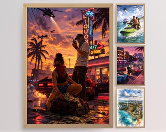 Colección de pósteres de 4 piezas de arte mural de acción de neón tropical de Open World Crime City