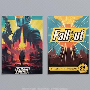 Two retro-inspired gaming posters displayed side by side featuring a futuristic armored traveler, abandoned city skyline, desert highway and vintage atomic-age design. Bold colors, distressed textures and sci-fi wasteland scenery create collectible wall art for game rooms, media spaces, offices or entertainment areas. Digital printable poster bundle with post-apocalyptic aesthetic, retro gaming decor and classic adventure-inspired artwork, without referencing copyrighted titles or characters.
