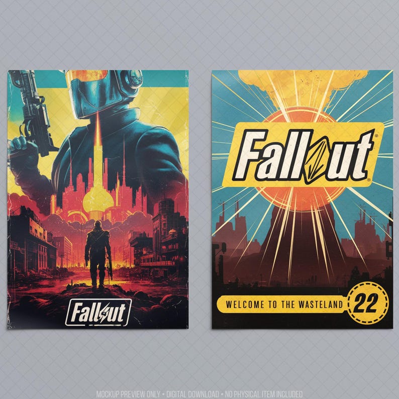 Two retro-inspired gaming posters displayed side by side featuring a futuristic armored traveler, abandoned city skyline, desert highway and vintage atomic-age design. Bold colors, distressed textures and sci-fi wasteland scenery create collectible wall art for game rooms, media spaces, offices or entertainment areas. Digital printable poster bundle with post-apocalyptic aesthetic, retro gaming decor and classic adventure-inspired artwork, without referencing copyrighted titles or characters.