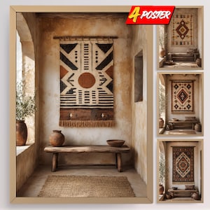 May include: A set of four posters featuring wall hangings with geometric patterns in shades of brown, black, and cream. Each poster displays a textile piece suspended on a rod above a wooden bench, with earthy tones and intricate tribal-inspired designs.