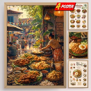 Op de afbeelding: Een set van vier posters met een levendige streetfood-scène met een kok die saté bereidt, naast drie kleinere prints met details over de Indonesische keuken, Nasi Goreng-ingrediënten en diverse traditionele gerechten met tekst.