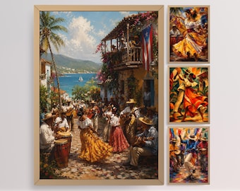 May include: A framed artwork set featuring a vibrant street scene with musicians and dancers in colorful attire. The main piece depicts a coastal town with a Puerto Rican flag. Additional smaller artworks showcase dancers in motion, capturing the energy of the celebration.
