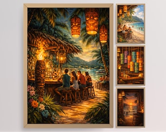 Könnte beinhalten: Ein gerahmtes Druckset mit tropischen Barszenen. Das Hauptbild zeigt eine Tiki-Bar mit Leuten an der Bar und einer Feuerfackel. Zusätzliche Drucke zeigen Strandszenen und Tiki-Dekor, alle in warmen Farben.
